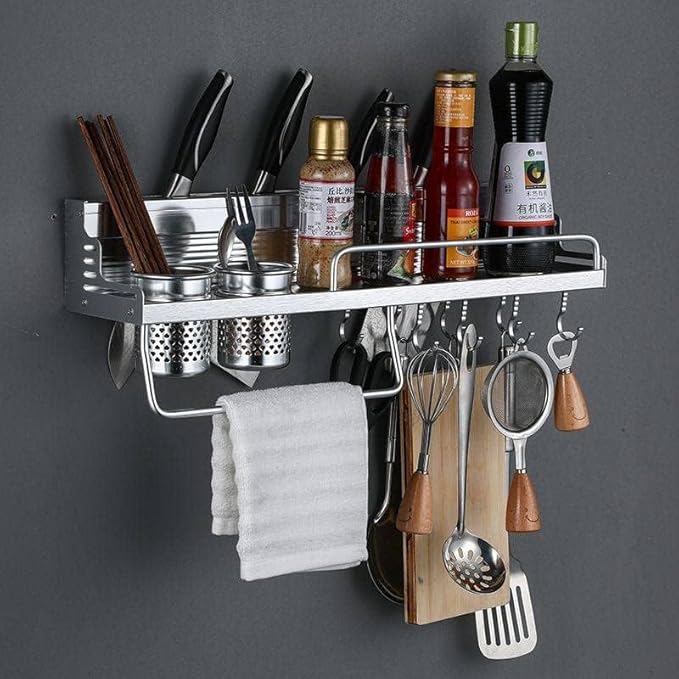 Wall Mounted Kitchen Storage Rack with Hooks & Holder