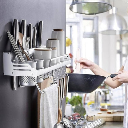 Wall Mounted Kitchen Storage Rack with Hooks & Holder