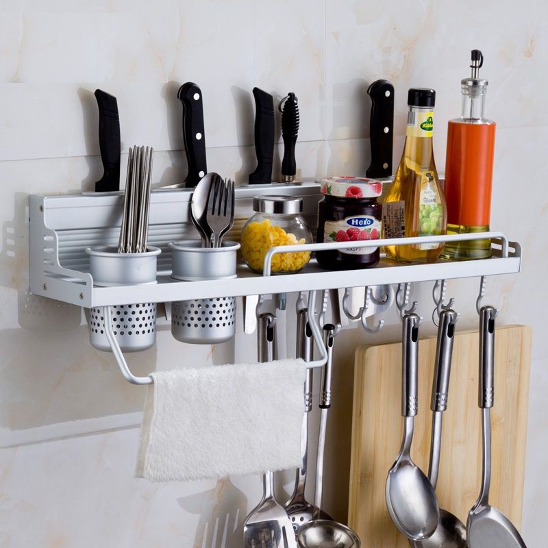 Wall Mounted Kitchen Storage Rack with Hooks & Holder