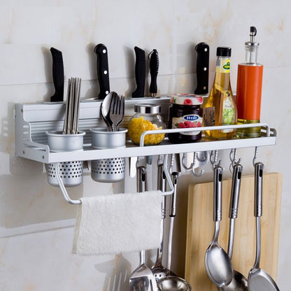 Wall Mounted Kitchen Storage Rack with Hooks & Holder