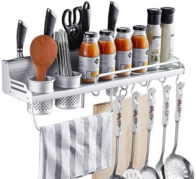 Wall Mounted Kitchen Storage Rack with Hooks & Holder